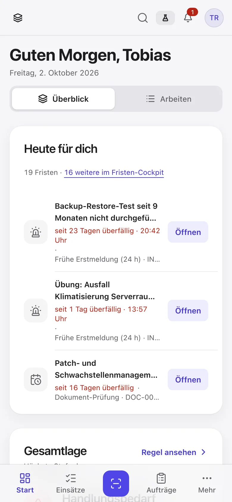 Opspect-Startseite in der Ansicht „Überblick“ mit Gesamtlage und „Heute für dich“