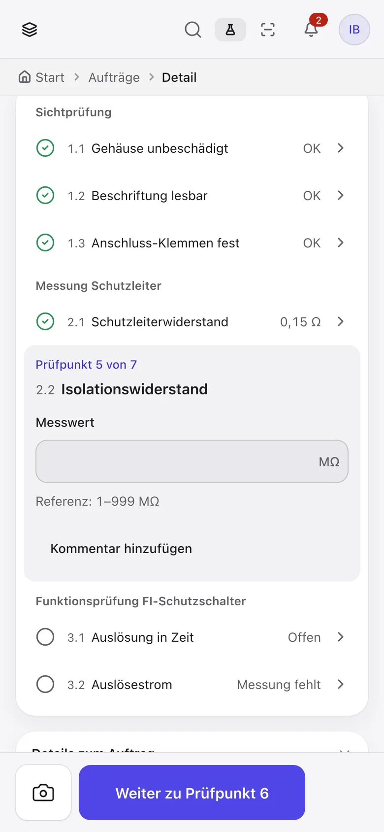 Prüfung am Handy: Prüfpunkt 5 von 7 mit Messwert-Feld und Kamera-Knopf