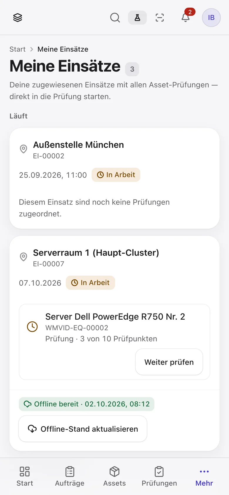 „Meine Einsätze“ am Handy: laufende Einsätze mit Prüfungen und „Offline bereit“